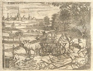 1695 | Einsammeln und Abtransport von Holz mit Pferdegespann Kupferstich Wolf Helmhardt von Hohberg Quelle: Wikimedia Commons