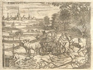 Bild bei Klick vergrößern 1695 | Einsammeln und Abtransport von Holz mit Pferdegespann Kupferstich Wolf Helmhardt von Hohberg Quelle: Wikimedia Commons