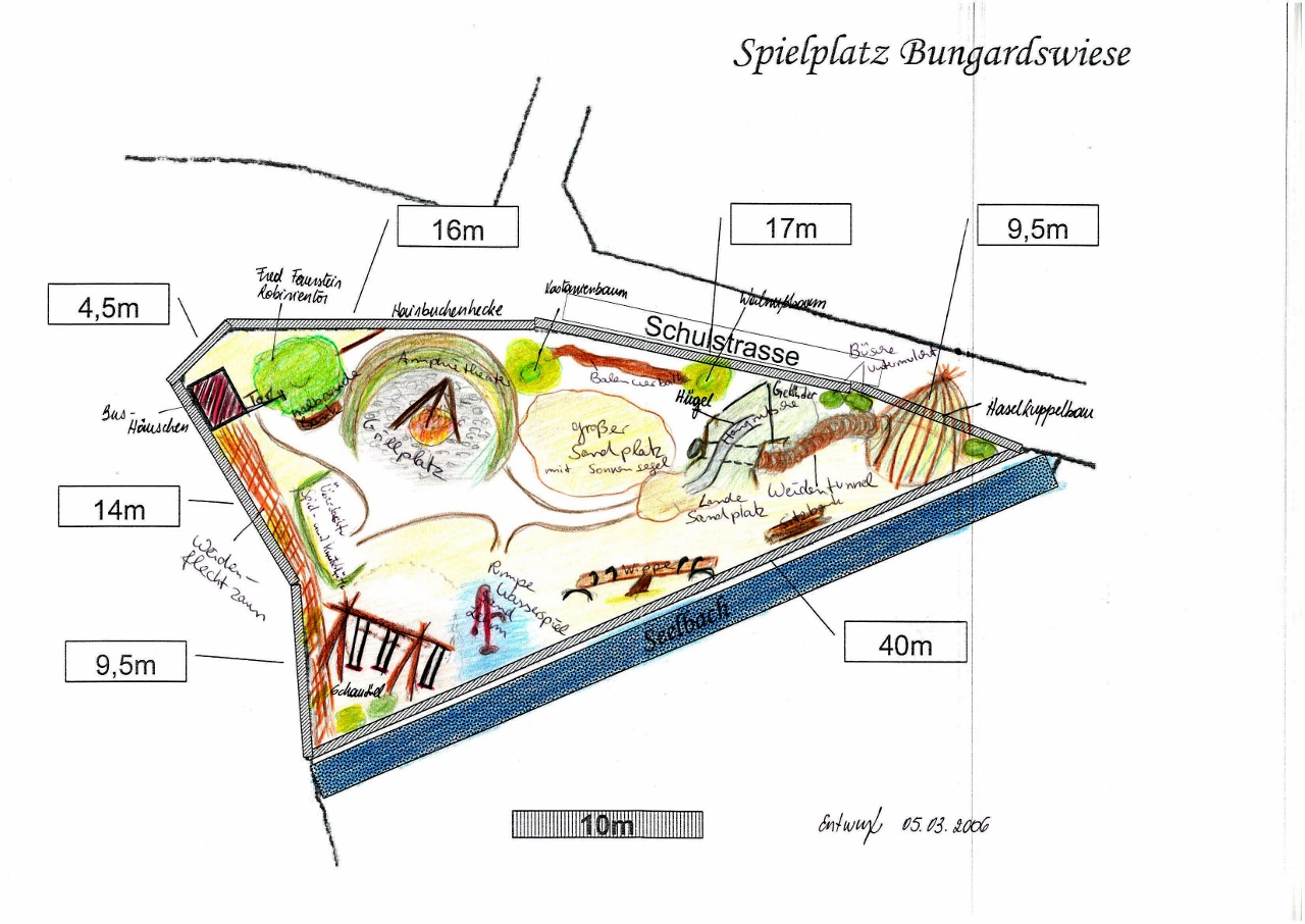 Anfang 2006 | Handzeichnung des Kinderspielplatz Bungardswiese | Zeichnung: Teresa Bay und Yvette Schäck