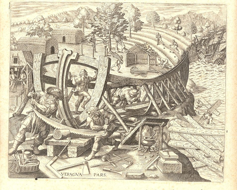 1559 | Schiffsbau in Spanien: Kupferstich von Theodor de Bry | Quelle: Wikimedia Commons