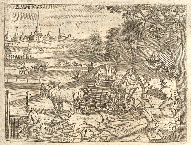 1695 | Einsammeln und Abtransport von Holz mit Pferdegespann, Kupferstich Wolf Helmhardt von Hohberg | Quelle: Wikimedia Commons