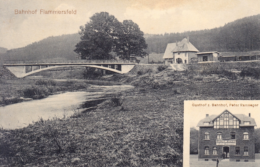 1911 | Bahnhof Flammersfeld und Pension Ramseger, Vorderseite | Kunst-Verlag Alfred Klein (Rosbach/Sieg), Archiv: OG Seelbach, Repro: Burkhard Schäck