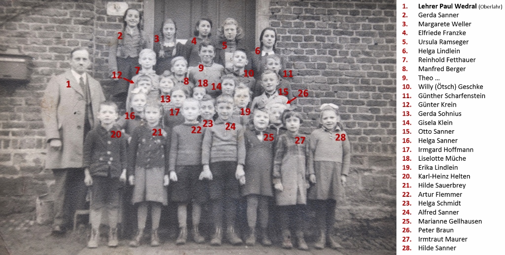 1941 | Schulbild mit Lehrer Paul Wedral | Archiv: Artur Flemmer, Identifizierung: Alfred Sanner, Repro: Burkhard Schäck, Recherche: Yvette und Burkhard Schäck