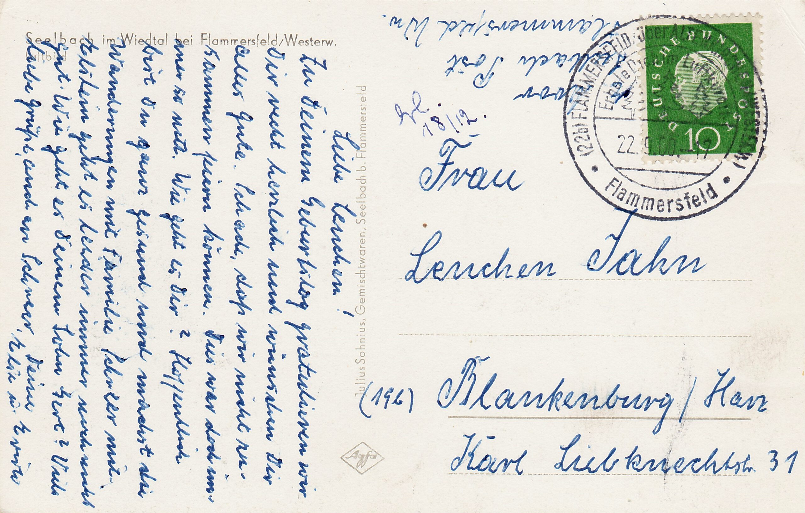 1960 gelaufen | Ansichtskarte Luftaufnahme von Seelbach und Bettgenhausen, Rückseite | Herausgeber: Julius Sohnius, Archiv: OG Seelbach, Repro: Burkhard Schäck