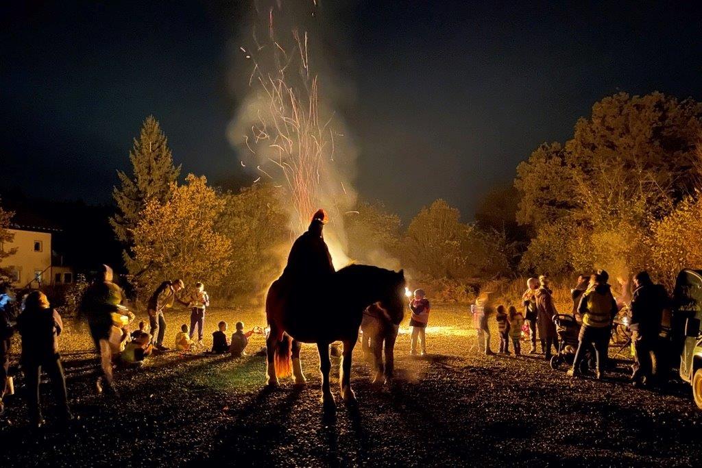 Sankt Martin und sein Pferd sind am Martinsfeuer angekommen | Foto: Hardy Heynen