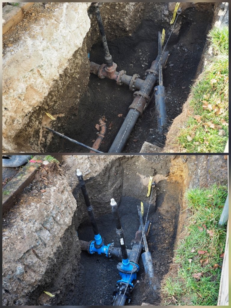 Vorher-Nachher: Die neuen Komponenten der Wasserleitung bestehen aus Absperrschiebern (blau) und Einbaugarnituren (lange schwarze Rohre mit weißer Kappe), mit denen sich die Ventile von der Oberfläche aus bedienen lassen. Vorher-Nachher: Die neuen Komponenten der Wasserleitung bestehen aus Absperrschiebern (blau) und Einbaugarnituren (lange schwarze Rohre mit weißer Kappe), mit denen sich die Ventile von der Oberfläche aus bedienen lassen.